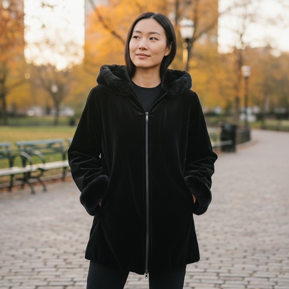 Gallery Black Velvet Faux Fur Trim Hooded Parka Jacket Medium RN36232